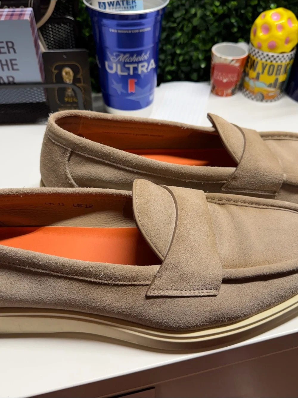 Santoni Taupe Suede Slip-On Penny Loafers